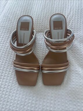 Dolce Vita Tan Slide Sandals with Silver & Rose Gold Straps